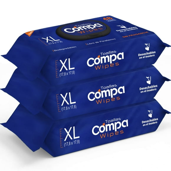 Compa Wipes Toallitas Húmedas para Adulto, 100% Seguras para Desechar por el Inodoro, Toallitas Tamaño Extra Grande, con Aloe y Vitamina E (Extra Grande, Sin Fragancia) (3 Paquetes)