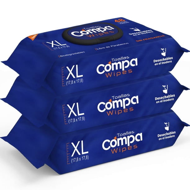 Compa Wipes Toallitas Húmedas para Adulto, 100% Seguras para Desechar por el Inodoro, Toallitas Tamaño Extra Grande, con Aloe y Vitamina E (Extra Grande, Sin Fragancia) (3 Paquetes)