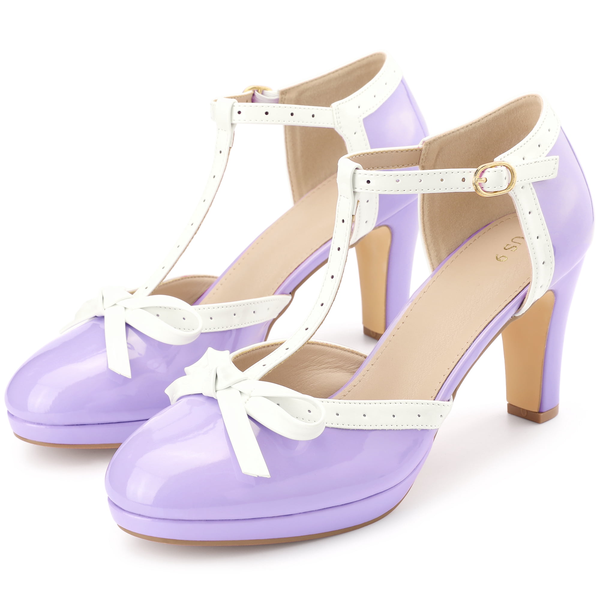 DARING DIVA Women's Bow Platform T-Strap Block High Heel Pumps Purple 6