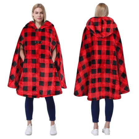 Catalonia Women s Poncho Cape Sherpa Fleece Cloak Coat Snuggly Hooded Wearable Blanket Gift Idea for Adults and Teen Girls Plaid Red