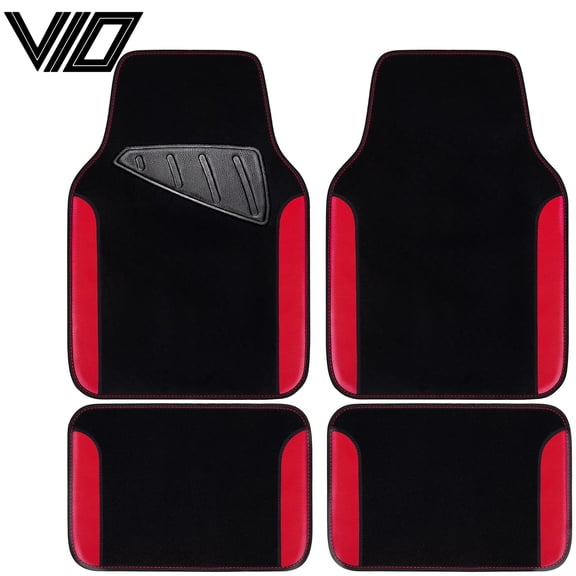 V10 Rainbow Waterproof Universal Fit Faux Leather Car Carpet- Anti-Slip Nibbed Backing Floor Mats for SUV, Vans,Sedans,Trucks, Automotive Set of 4 for Women (Black with Red)