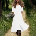 thumbnail image 5 of BUIGTTKLOP Cotton Linne Dresses for Women Short Sleeve Crewneck Midi Dress A Line Pleated Casual Flowy Sundresses, 5 of 6