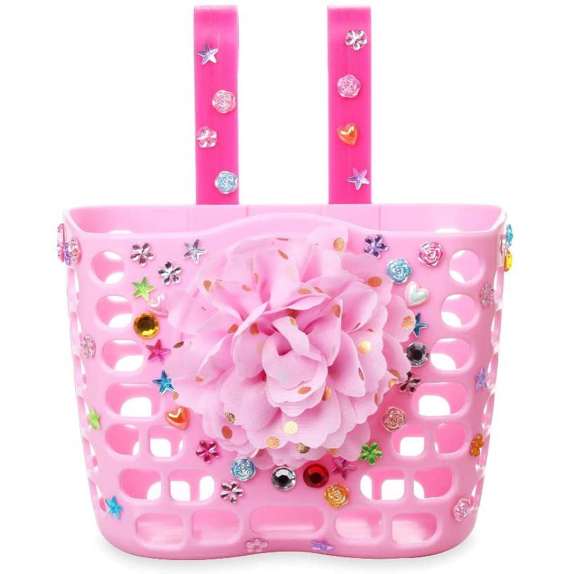 MINI-FACTORY Kid's Bike Basket, Cute Flower + Bling DIY Crystal Stickers Bicycle Front Handlebar Basket for Kid Girls (Pink Flower)