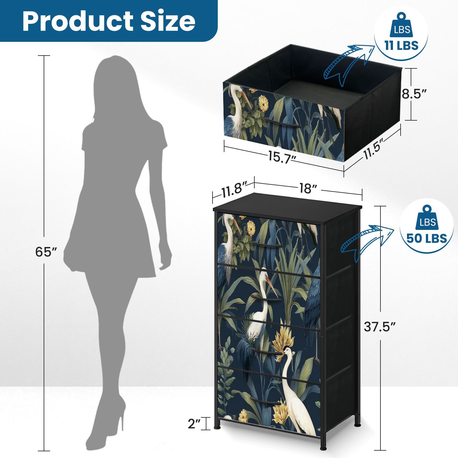 Vintage Dresser for Bedroom with 4 Storage Drawers Elegant Cranes Among Tropical Leaves Yellow Flowers Dark Dressers Chest of Drawers Steel Framed Fabric Closet Organizers for Nursery Entryway