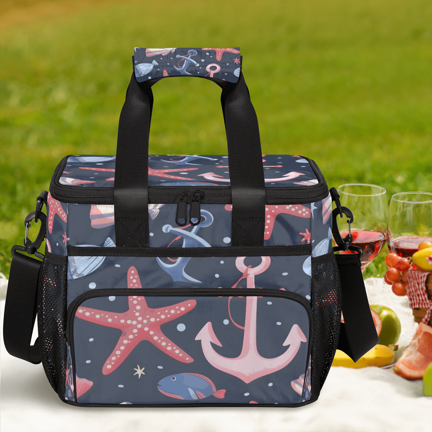 Herdesigns Nautical Starfish Shell Anchor Large Lunch Box for Adults Women Men with Adjustable Shoulder Strap, Insulated Reusable Lunch Bag Leakproof Cooler Tote Bag