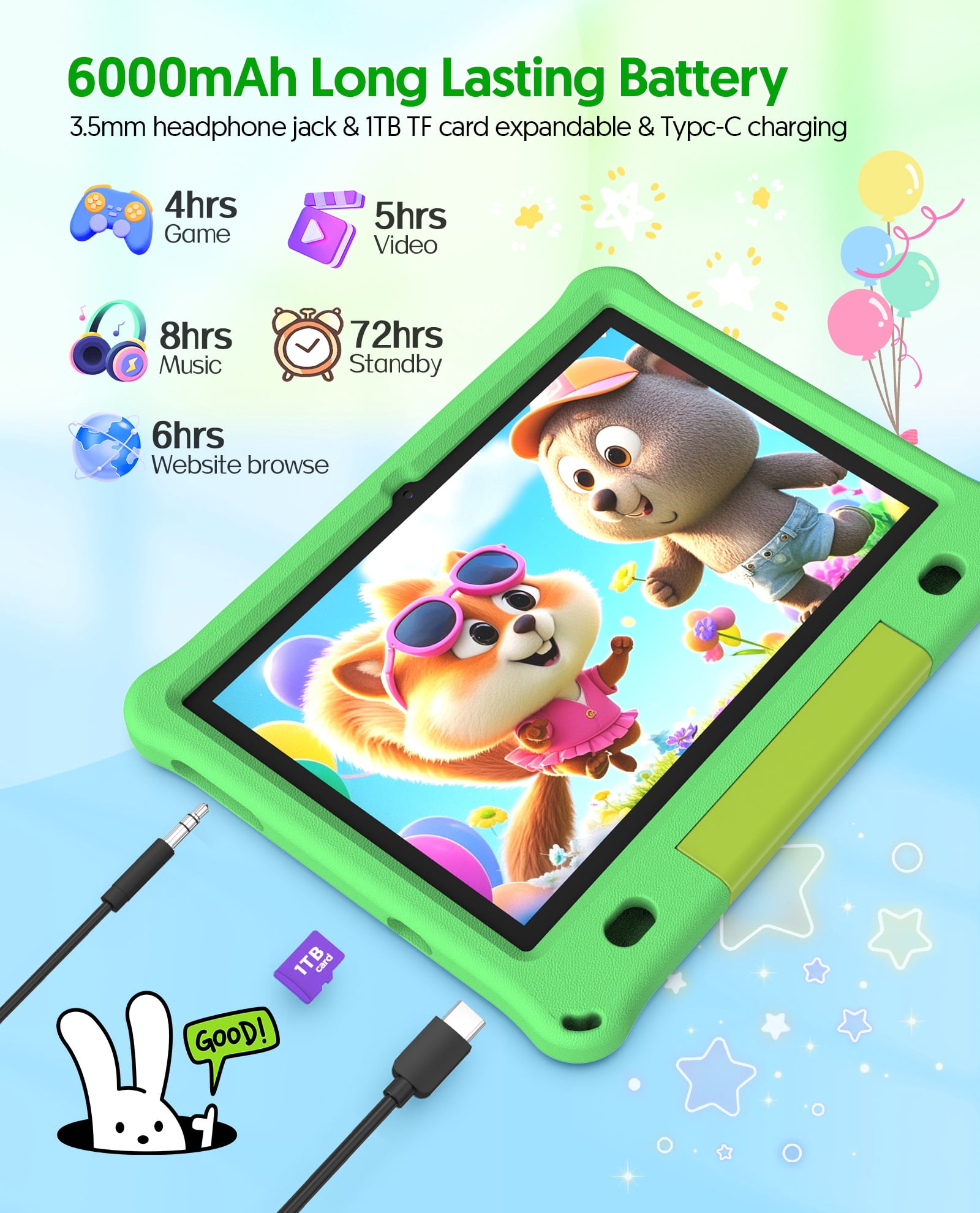 FITIFUN 10.1 inch Kids Tablet Android 15, 3GB RAM 64GB ROM 1TB Expand, Quad-Core, 5G/2.4G WiFi, 6000mAh, HD Display, Parental Control, Green