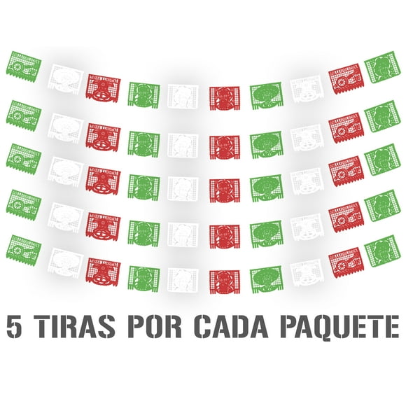 Papel Picado Revolucion Mexicana | Guirnaldas | Enramado | 5 tiras de 5 metros | diseño 20 de Noviembre verde, blanco y rojo con colores vibrantes | decoración de papel picado (Plastico)