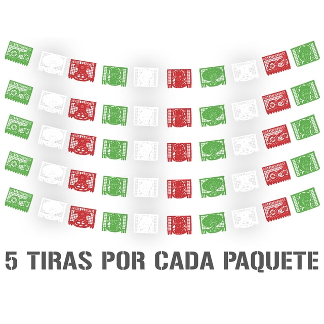 Papel Picado Revolucion Mexicana | Guirnaldas | Enramado | 5 tiras de 5 metros | diseño 20 de Noviembre verde, blanco y rojo con colores vibrantes | decoración de papel picado (Plastico)