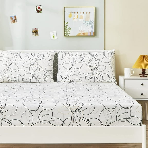 Tache White Leaf Fitted Sheet   Pillowcases - Foliage Line Art Black Grey Gold Modern Abstract Minimalist 15-inch Deep Pocket Bed Sheet, 3 Piece Set, King