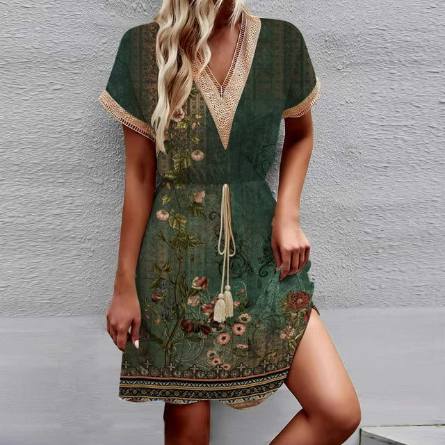 QIPOPIQ Robes pour Femmes Robe Évasée à Étages Manches Courtes Robes Décontractées Tendance Robe Midi d'Été à Col en V Robe Mini à Imprimé Offres 2023