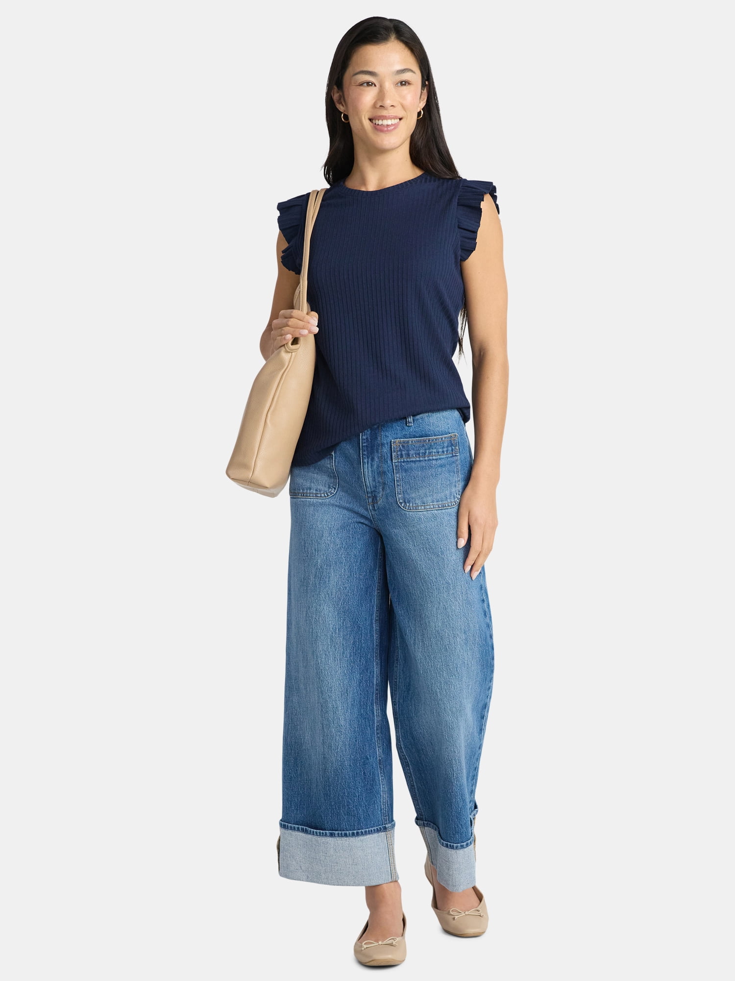 Time and Tru Women's Rib Ruffle Sleeve Top, Sizes XS-XXXL