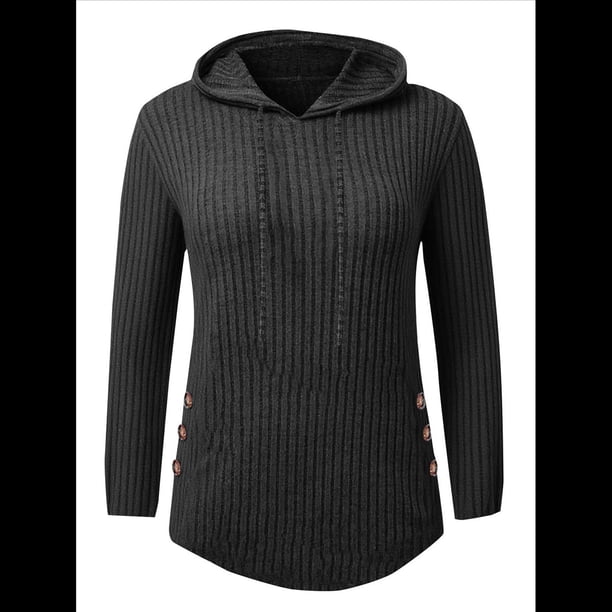 Sudadera con Capucha de Punto Acanalado Suave para Mujer, Suéter de Larga, Sudadera Ligera y Acogedora para Otoño. Negro L
