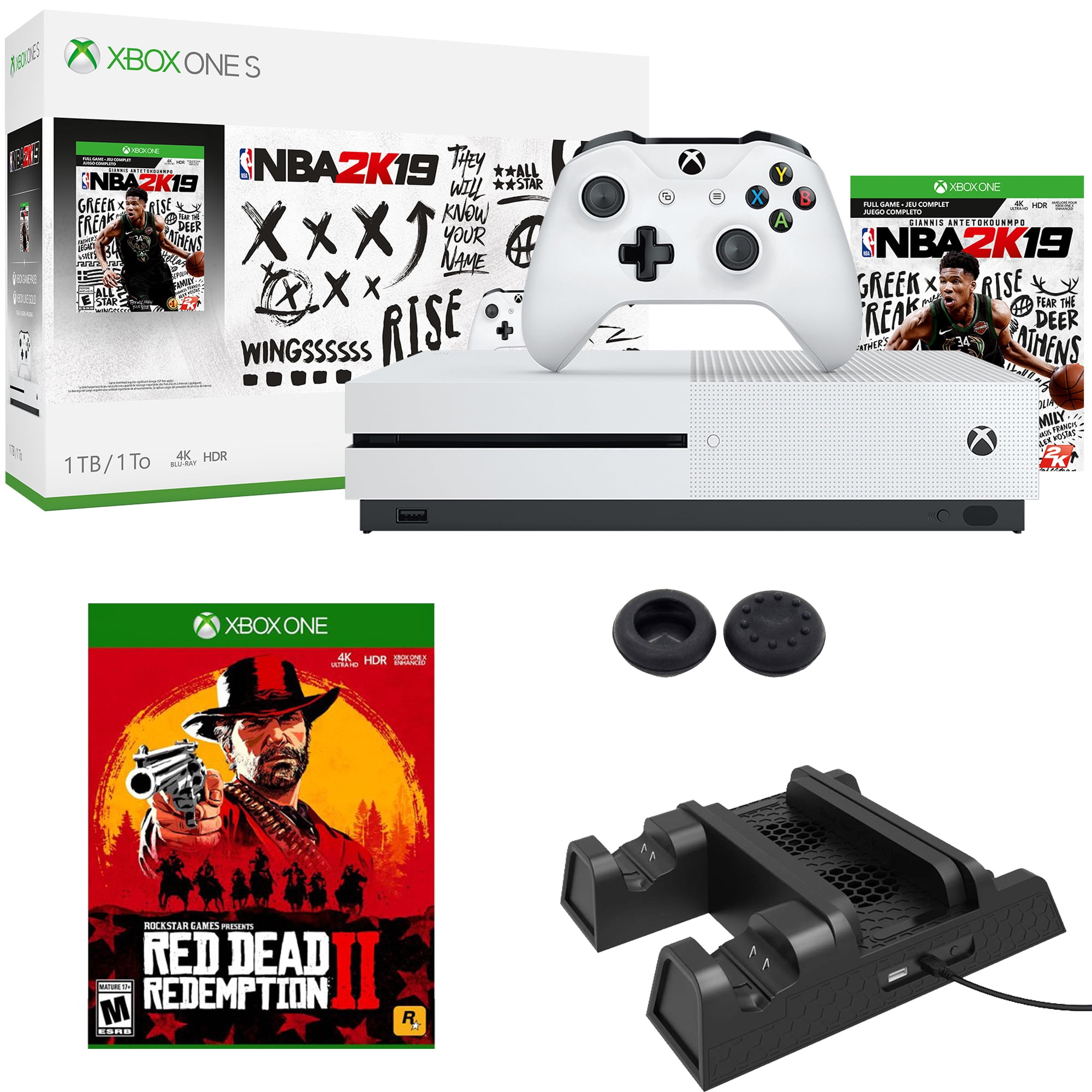 Microsoft Xbox One S 1TB (234-00575) w/ NBA 2K19  Red Dead Redemption  Dual Charging/Cooling Fan Station