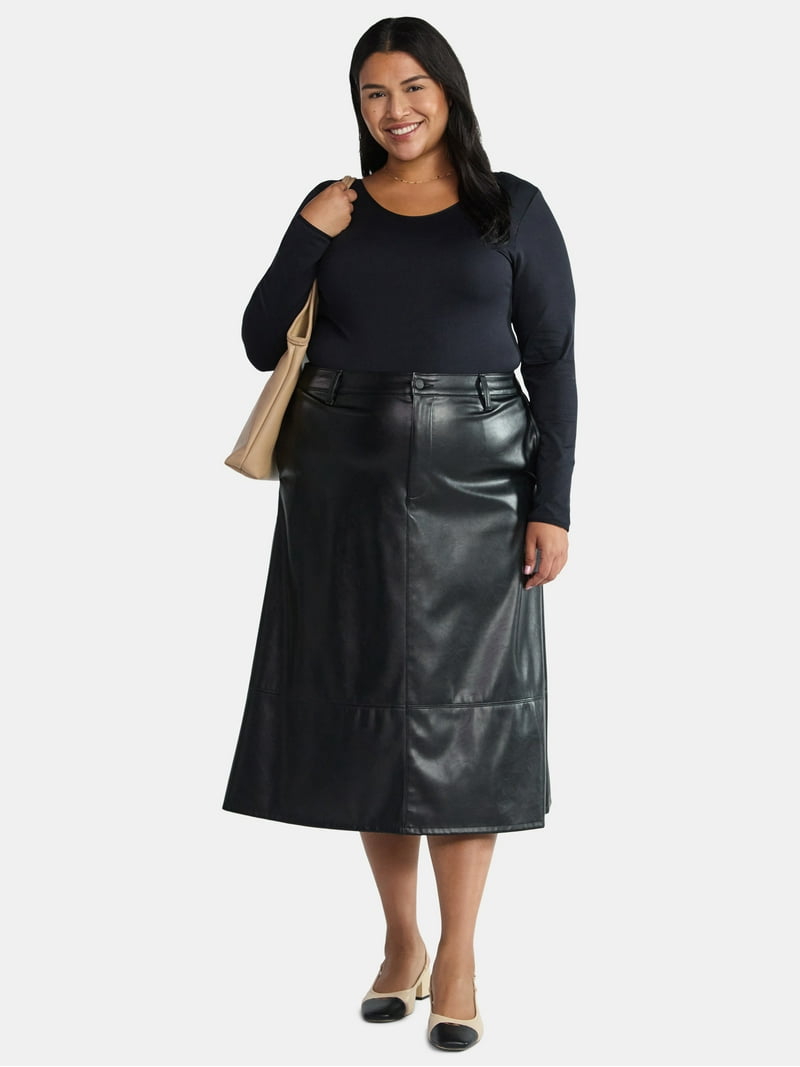 Terra Sky Women's Plus Faux Leather Midi Skirt, Sizes 16W-26W