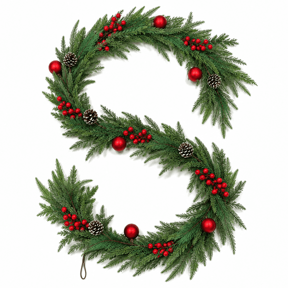 Kidsjoy 6FT Christmas Garland with Red Berries, Red Ball and Pine Cone, Artificial Norfolk Pine Christmas Garland for Mantle Table Stairs Porch Xmas Decor