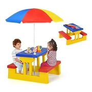 Kids Picnic Table, Toddler Picnic Table with Removable & Foldable Umbrella, Plastic Children Patio Furniture for Garden Backyard, Kids Outdoor Table, Multicolored