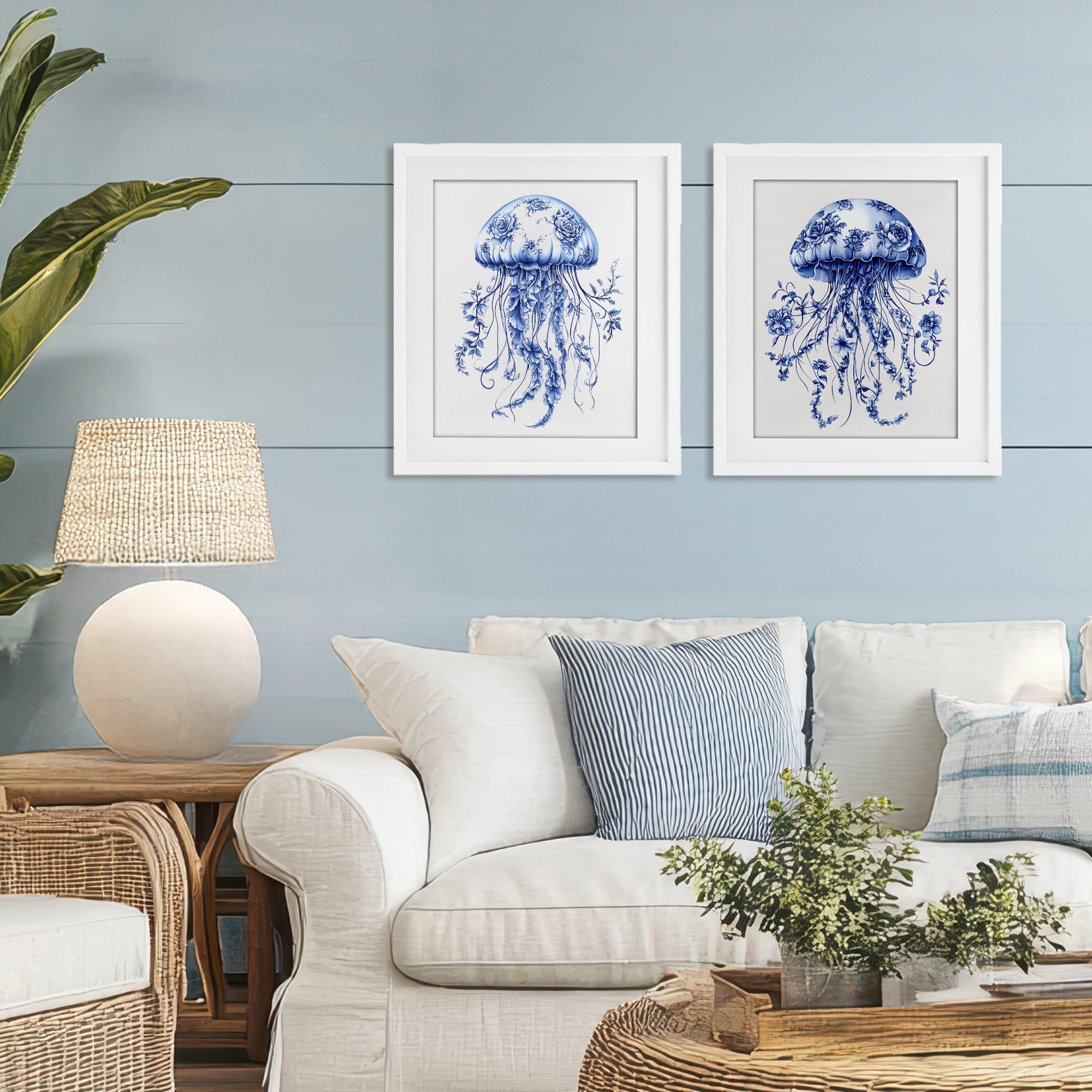 Funky Florals Toile Jellyfish 2 Piece White Framed Print Under Glass Set, design by Lettered and Lined