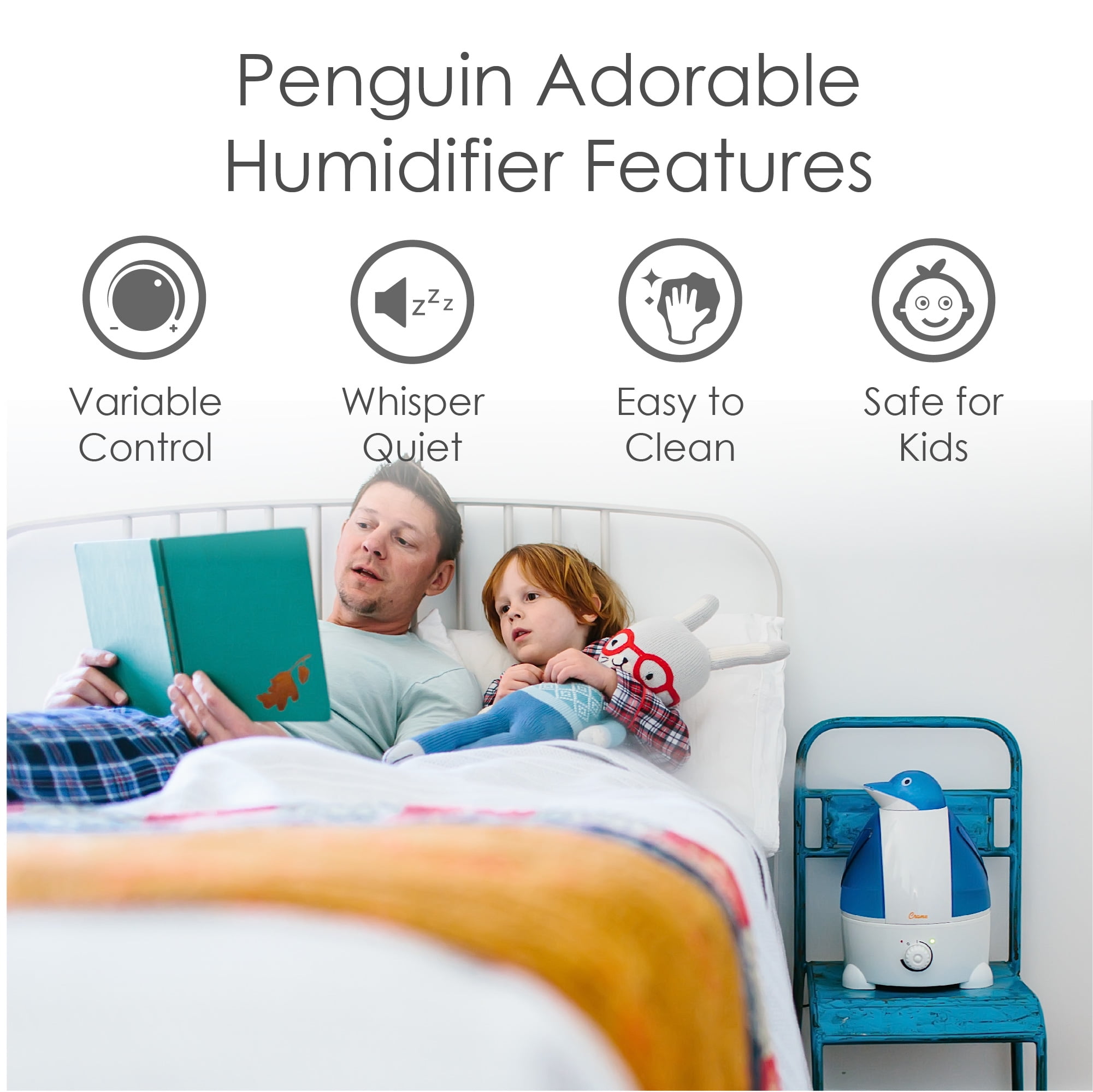 Crane Adorable Ultrasonic Cool Mist Humidifier, 1 Gallon, 500 Sq ft Coverage, 24 Hour Run Time - Penguin