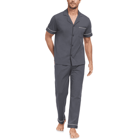 EA'S SECRET Men's 100% Cotton Pajama Sets Button Down Loungewear with Long Pants Summer Breathable Pjs with Pockets(Iron Grey,M)