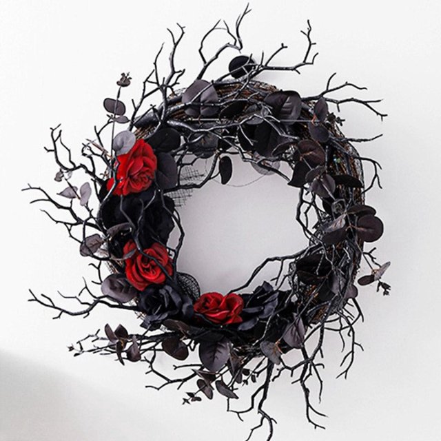 Corona de madera muerta simulación de flor negra corona decorativa puerta colgante arreglo de vacaciones corona de mimbre colgante de pared