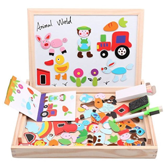 Wooden Magnetic Jigsaw Puzzles Toy DIWENHOUSE Toddler Toys Educational Travel Puzzle Games Double Sided Drawing Easel for Boys and Girls Happy Farm