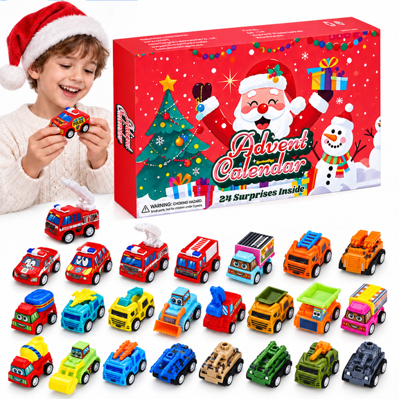 2026 Christmas Advent Calendar with 24 Pull Back Mini Vehicles, Soft Rubber Toy Car Countdown Gift for Kids Ages 3 