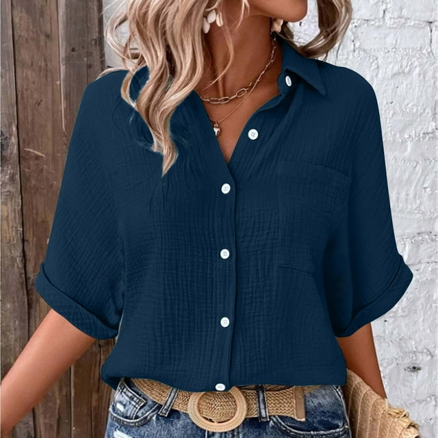 Weiqiqre Womens Summer Outfits Short Sleeve Shirts Spring Summer Tops V Neck Collared Button Down Ladies Shirt Tops Trendy
