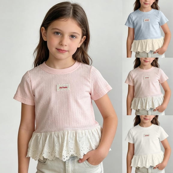 Bxsruta Girls Summer T Shirt Round Neck Applique Lace Ruffle Short Sleeve Tunic Top Toddler Girl Casual Blouse
