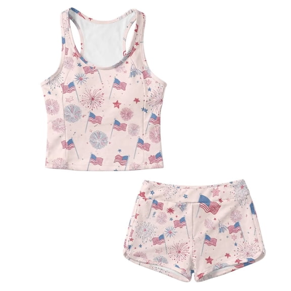 Xoenoiee Pink American Flag Firework Print Swimsuit for Girls Teens 4th of July 2 Piece Tummy Control Bathing Suit Tankini Set Tank Top with Shorts Blouson Swimwear, Size 6-7 Years