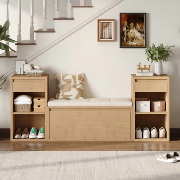 DRNANLIT All-in-One Entryway Storage Bench with Cushion, Compartments, Drawers & Open Shelves, Hallway Mudroom Bench, Brown