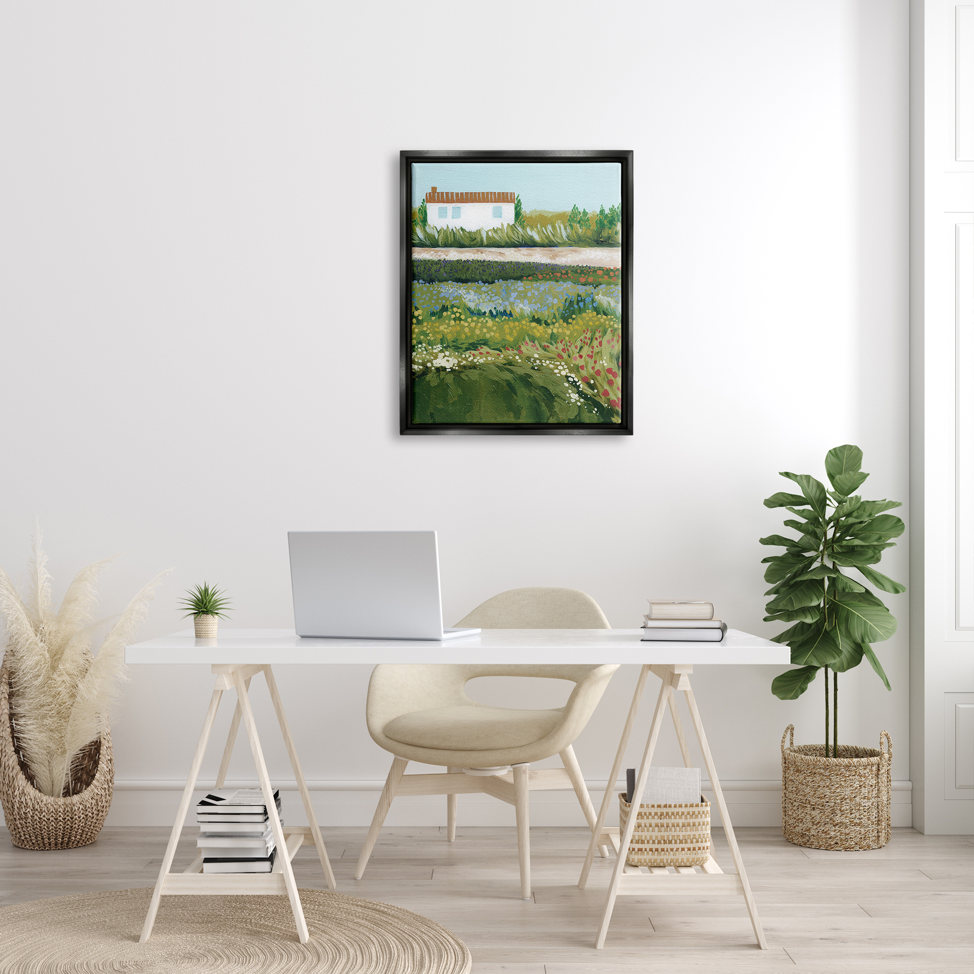 Stupell Rural Cottage Wildflowers Blooming Landscape Painting Black Floater Framed Art Print Wall Art