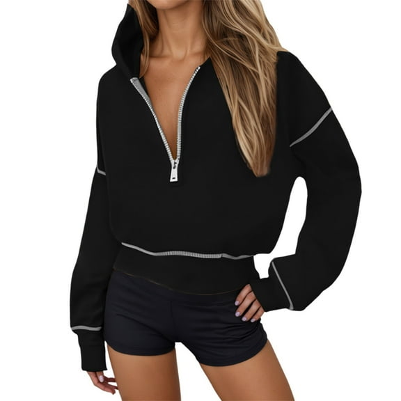 ManxiVoo Womens Cropped Half Zip Hoodie Athletic Long Sleeve Pullover Workout Top with Hood L Size Black