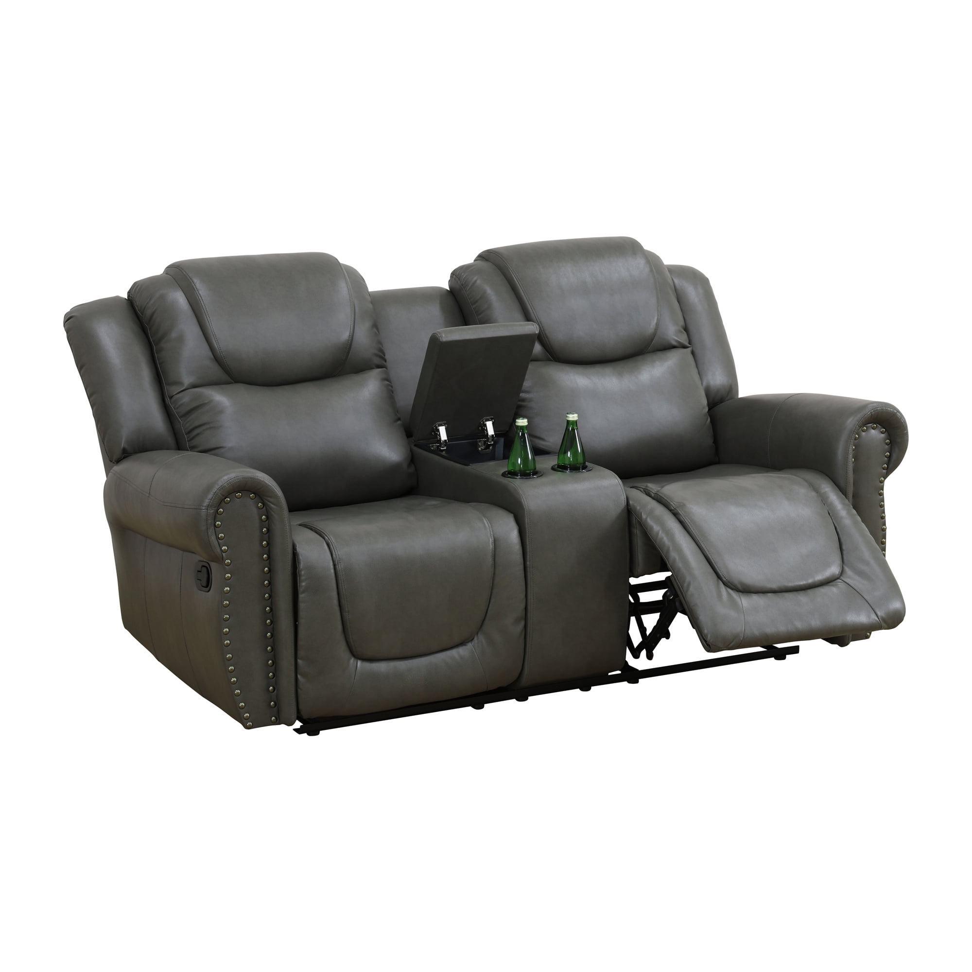 Aukfa 78" Double Recliner Chair Loveseat RV Sofa w/ Cupholder & Console, Home Theater Seating, Leather, Gray