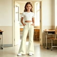 thumbnail image 2 of Ticikt Girls Solid Color Flared Pants, High Waist Double Pockets Stretch Bootcut Trousers Casual Kids Bell Bottom Daily Pants,Light Yellow, 2 of 7