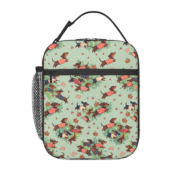 Dachshund Dog Lunch Bag Sausage Dog Print Handheld Portable Reusable Cooler Tote Front Pocket Work Office Commute Daily Food Container