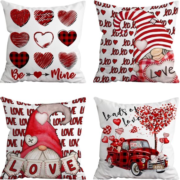 Housses de Coussin de la Saint-Valentin 20X20, Ensemble de 4 Housses de Coussin de la Saint-Valentin, Motif Camion Rouge à Carreaux pour Canapé Salon Extérieur Décoration de la Saint-Valentin