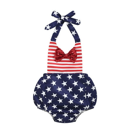 

Summer Newborn Baby Girl Outfits Romper Halter Bodysuit Amercian Flag Bows Jumpsuit Star Stripe Clothes