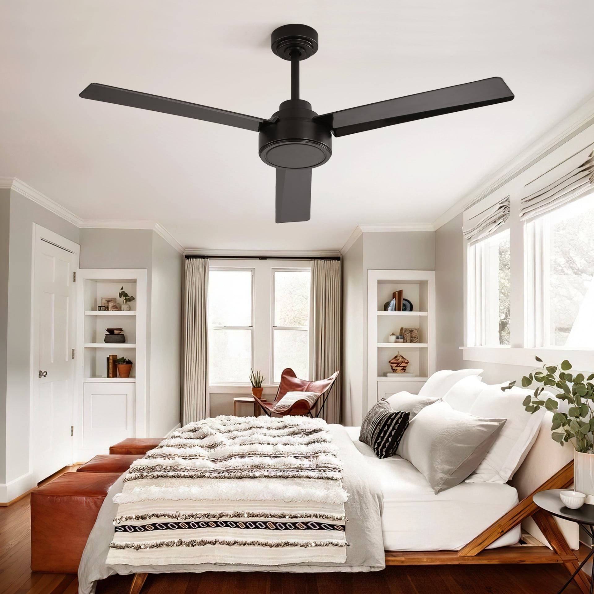 52" Outdoor Ceiling Fan Without Light, 3 ABS Blades Farmhouse Design Ceiling Fan with Remote Control, 6-Speed Reversible DC Motor, Damp Rated for Covered Porch, Patio, Bedroom, Living Room, Kitchen