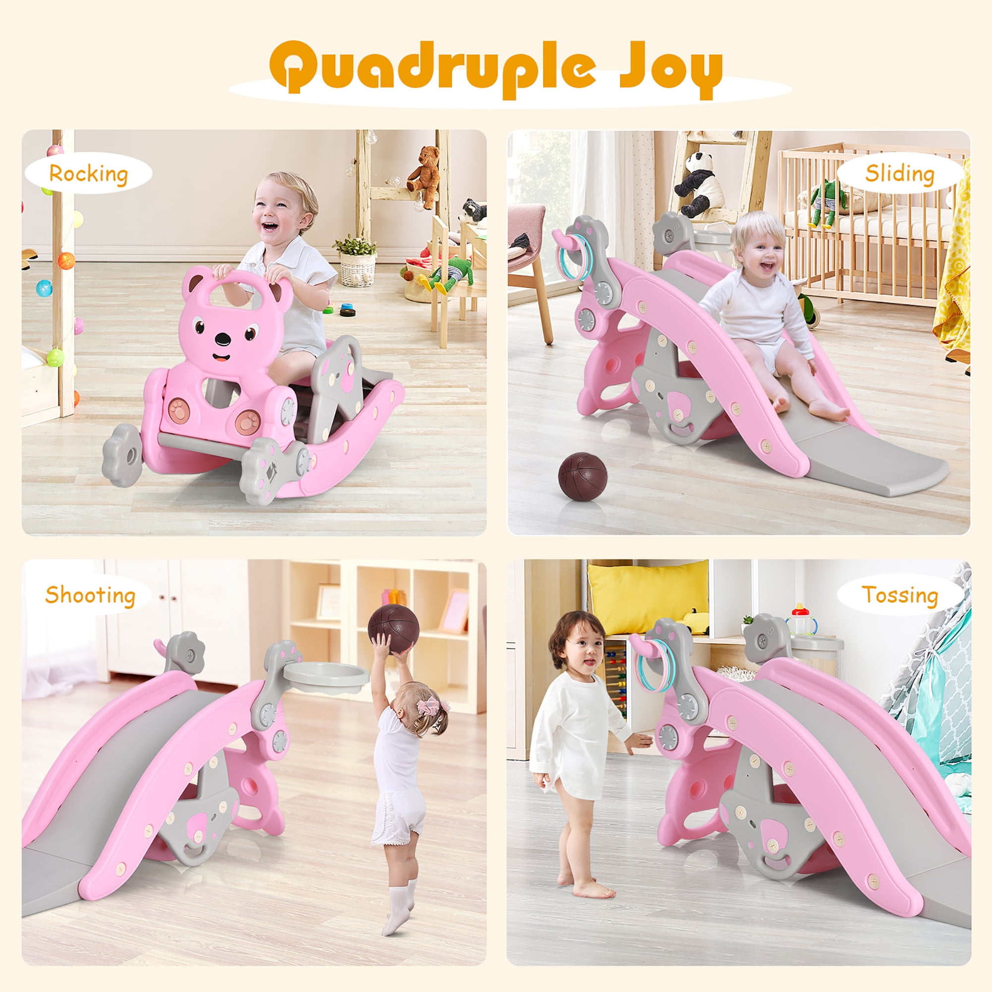 Costway 4-in-1 Rocking Horse & Slide Set Toddler Slide Playset w/Basketball Hoop