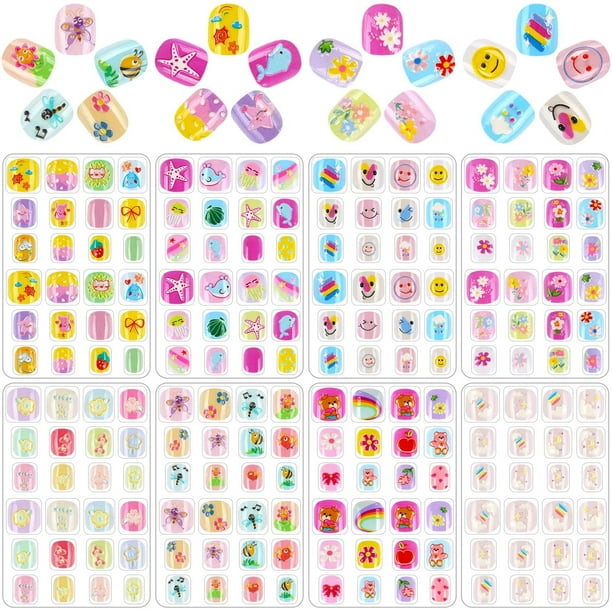 Puntas de uñas postizas cortas preadhesivas artificiales de cobertura completa para niños