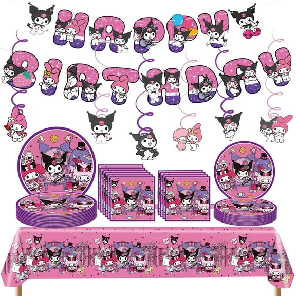 32 Pcs Cartoon Animation Birthday Party Supplies Kit, Cartoon Kitty Themed Party Favors Include Pull Flag Paper Plate Small Plate Tablecloth Suitable for Birthday Parties, Potlucks