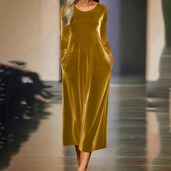 Roncen Velvet Dress for Women, Long Sleeve Round Neck Solid Color Dress with Pockets, Elegant Holiday Velveteen Midi Dress