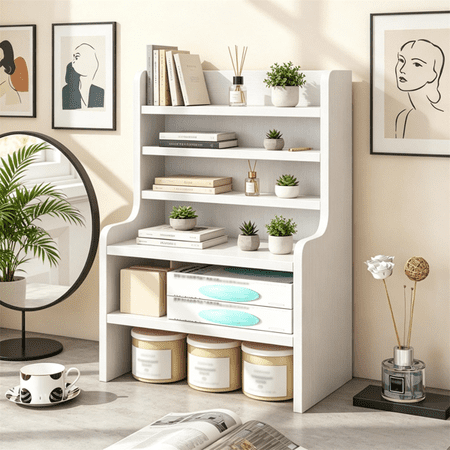 White 6-Tier Desktop Organizer with Removable Shelves Vertical Engineered Wood Storage Rack Anti-Fall Baffles Heavy Duty Stationery Craft Storage for Desk Office Vanity