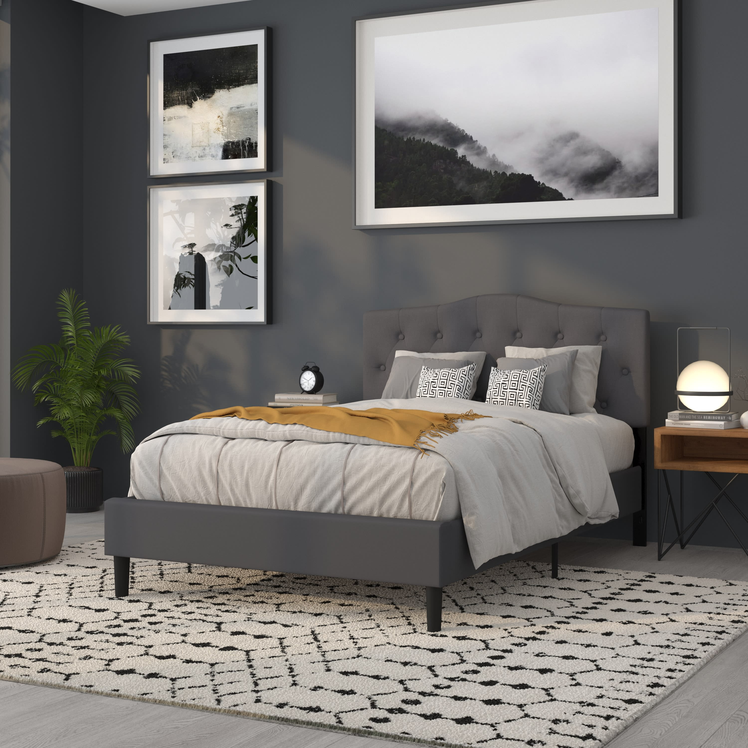 BizChair Arched Button Tufted Upholstered Full Size Headboard in Dark Gray Fabric
