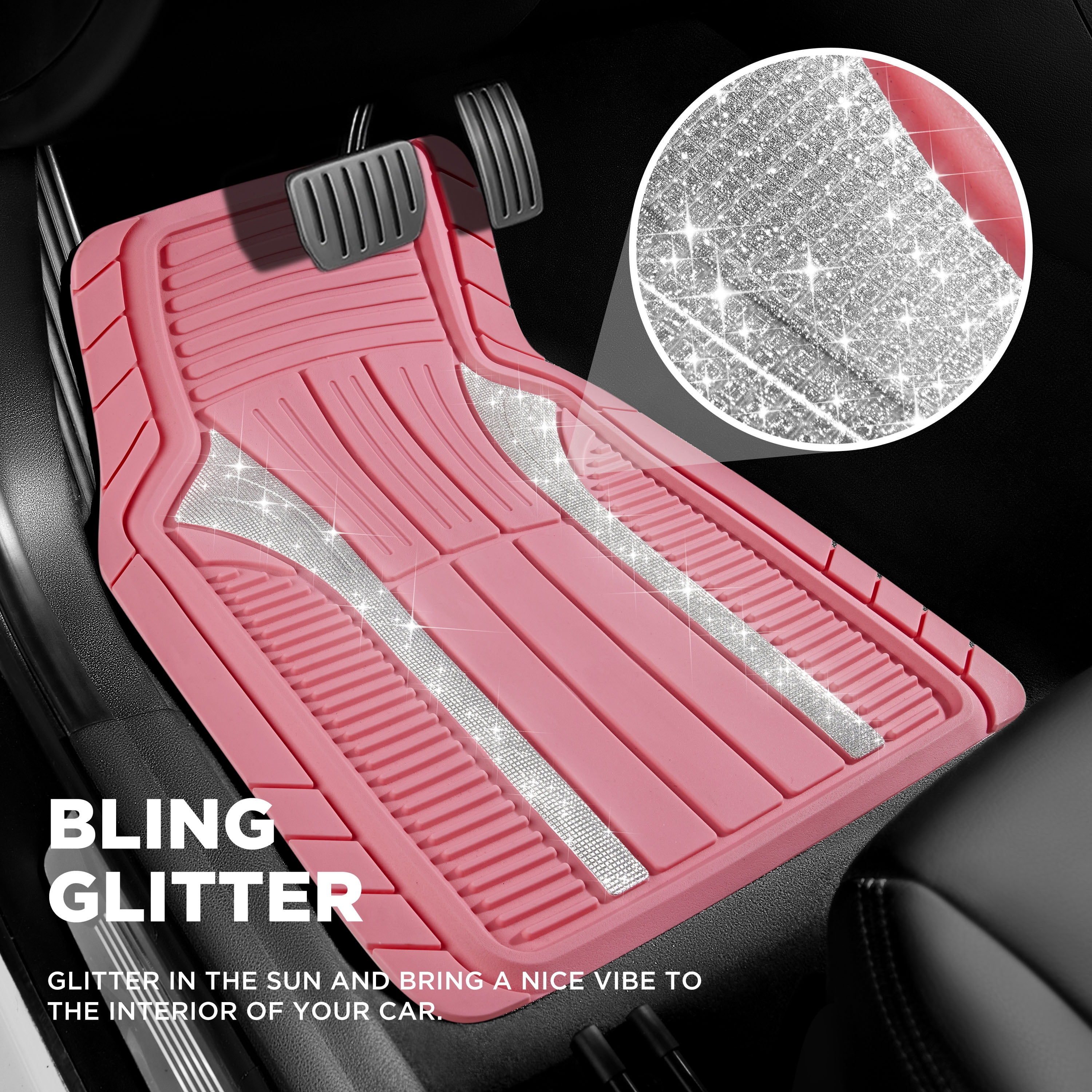PIC AUTO Bling Rubber Floor Mats - Sparkly Glitter Hot Pink Car Mats Set, Heavy Duty All-Weather Waterproof Pads for Girls & Women, Universal Fit-Hot Pink