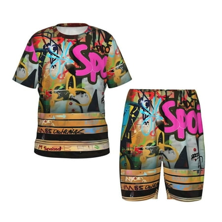 Luyuia Graffiti Lamp Urban Scene Print Girls  2-Piece Tie-Dye Pajama Set  Cute Summer Loungewear with Shirt and Tank Shorts Nightwear-Small