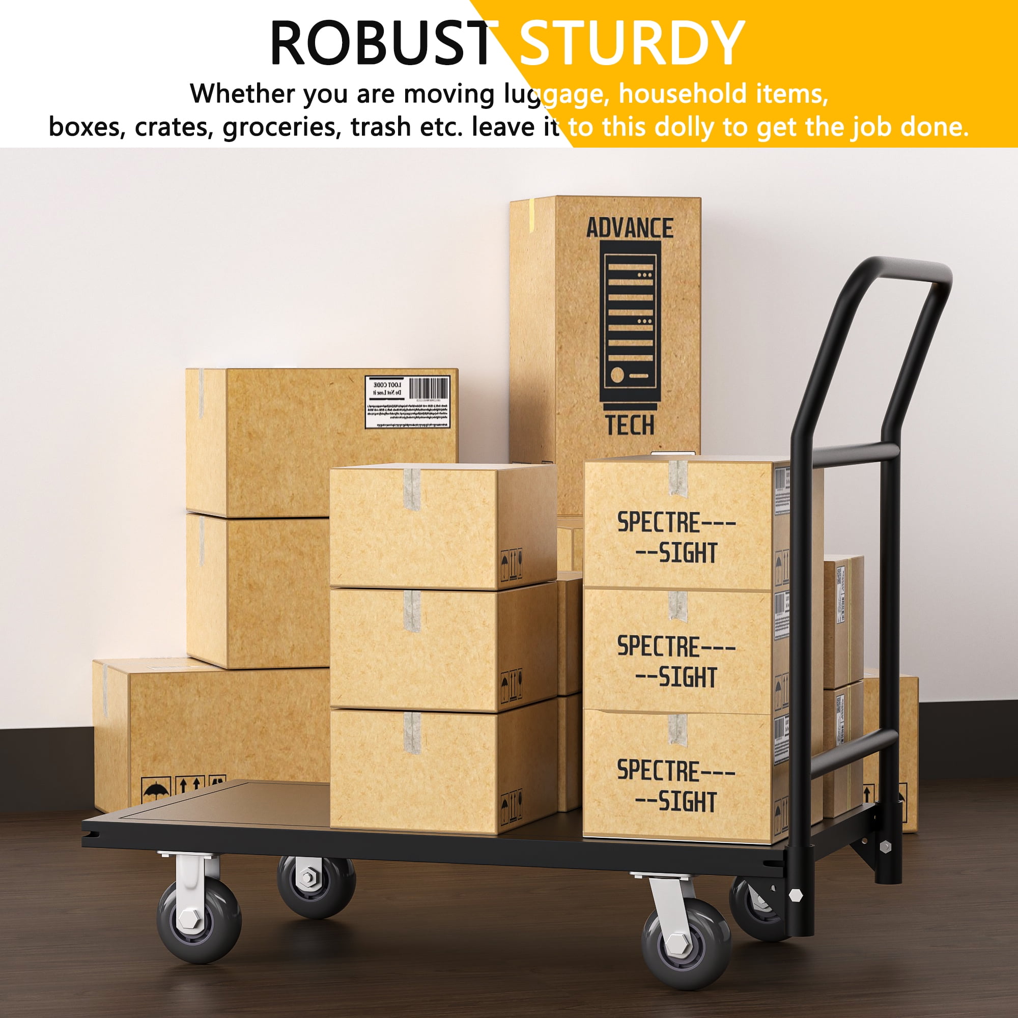 HOHYN Heavy-Duty Utility Push Carts, 2000 lbs Load Rating Steel Flatbed Cart, 47" Length x 24" Width x 32" Height Flat Dolly, Hand Trucks with 5" Nylon Casters, Platform Truck for Luggage Moving