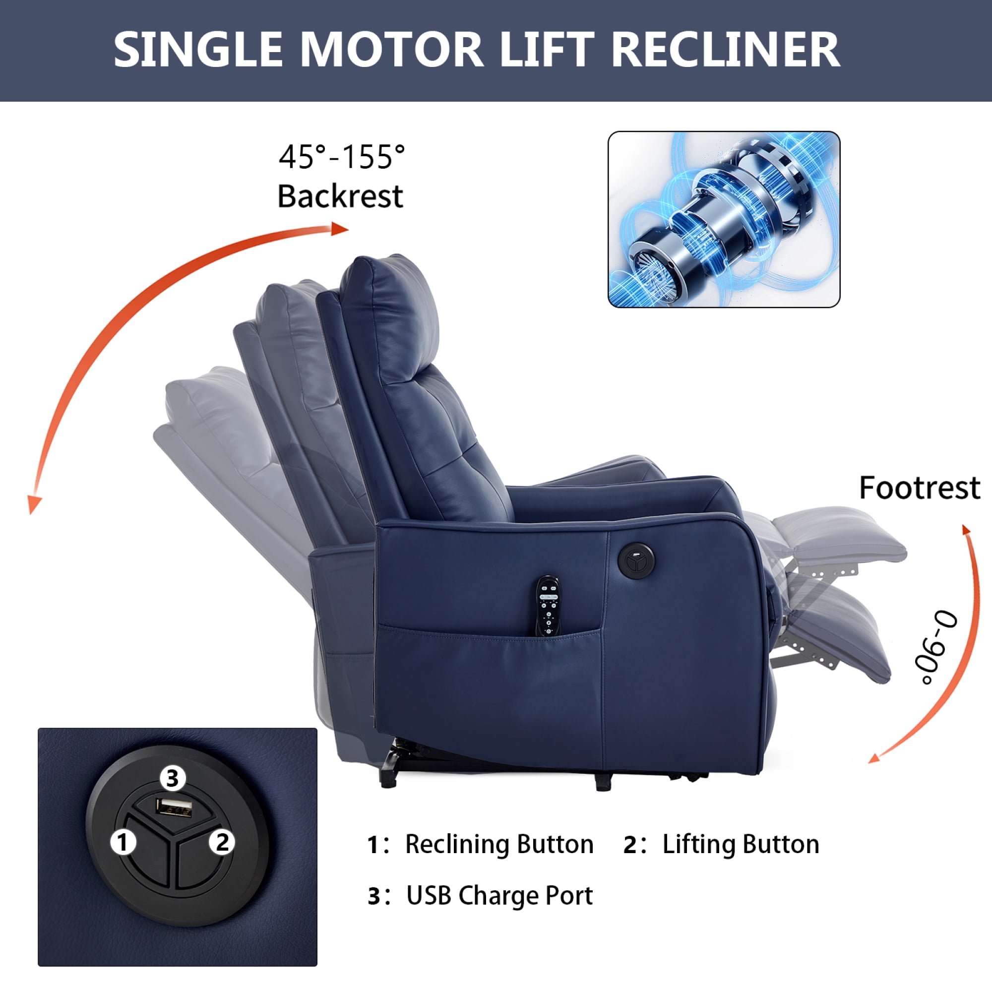 Leumius Power Lift Recliner Chair with Massage and Heat for Elderly,Heavy Duty Electric Reclining Chair with Side Pockets,USB Charge Port for Living Room,Blue-Faux Leather