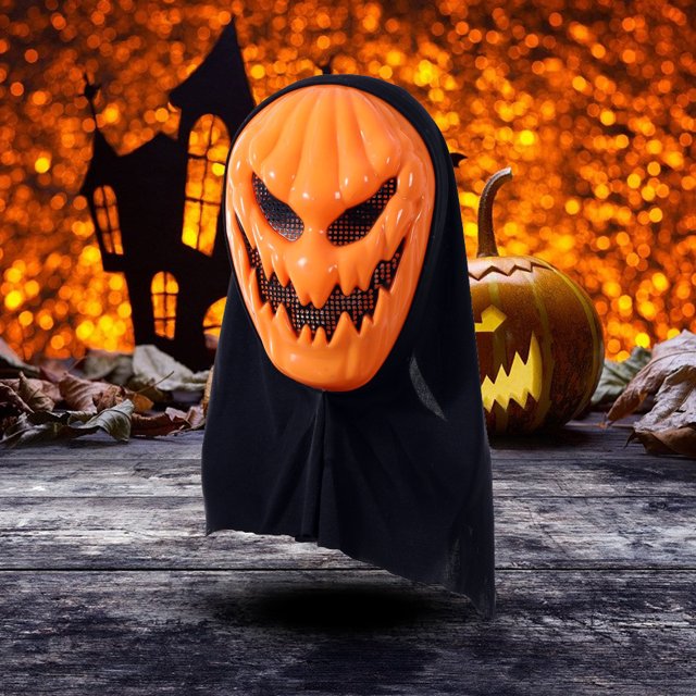 máscara de calabaza para halloween, máscara de halloween, máscara de cabeza aterradora, regalos para mujeres y hombres máscara frontal naranja de plástico con cubierta negra visible, rostro de calabaza tallado con ojos y boca enrejados, tamaño aprox. 25×17 cm (9.84×6.69 in), adecuada para disfraces y fiestas; a menudo usada también como accesorio de decoración teatral.