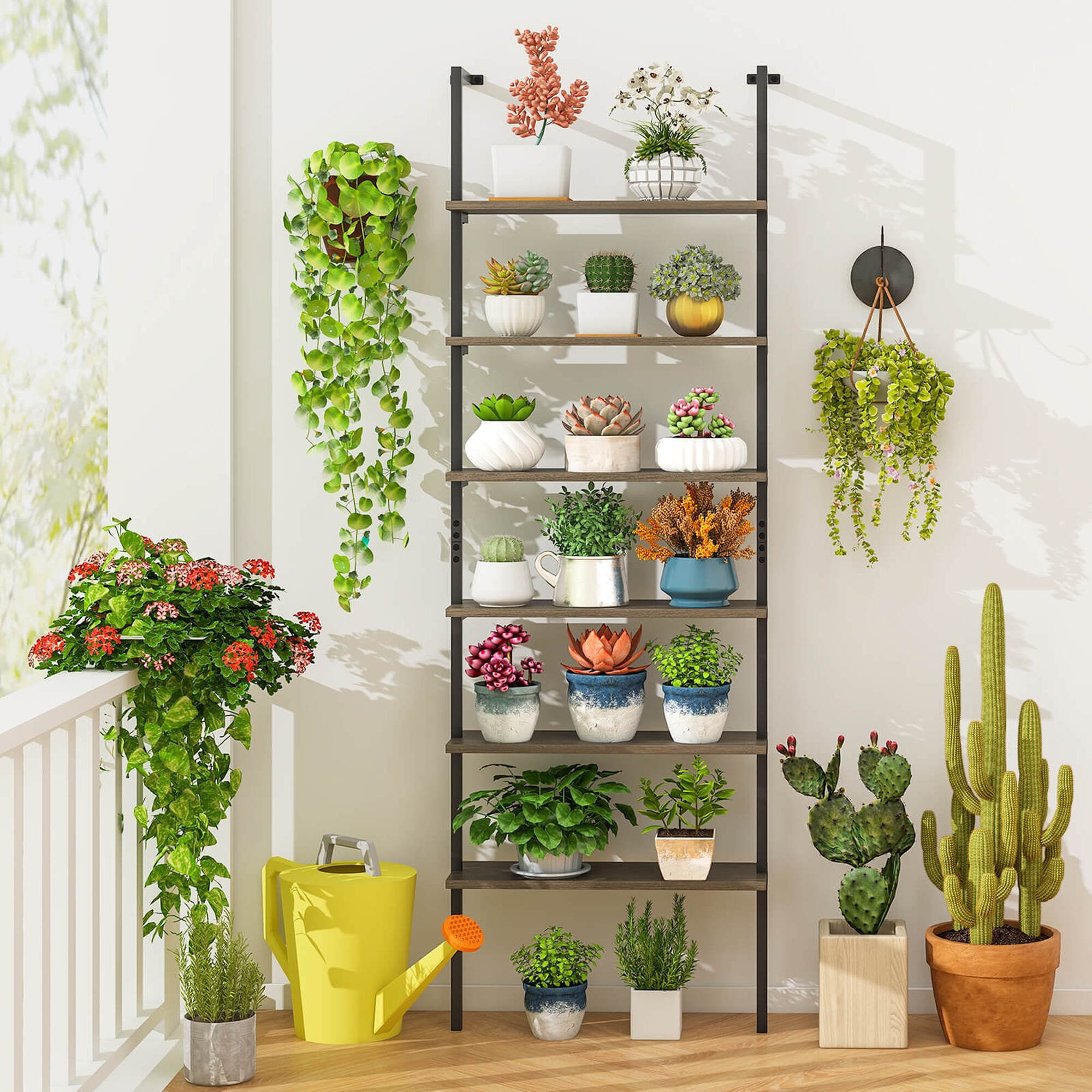 Costway 6-tier Ladder Shelf 72 Inches Industrial Wall Mounted Bookshelf Oak